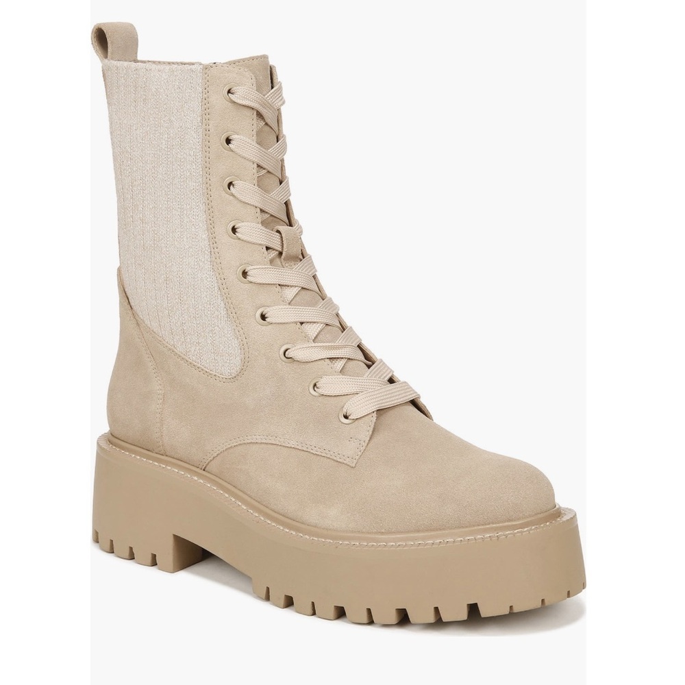 Sam Edelman Evina combat Platform tall boot laces tan beige zip up shoe 7.5